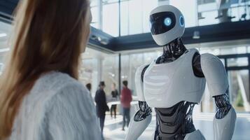humanoid robot interacts with a person in a contemporary office highlighting the seamless integration of AI into everyday tasks in a high tech setting. photo