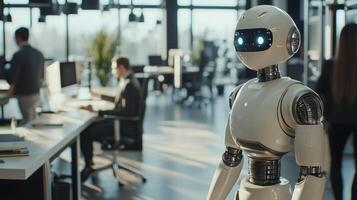 humanoid robot interacts with employees in a sleek modern office environment highlighting the integration of artificial intelligence into everyday tasks and collaboration. photo
