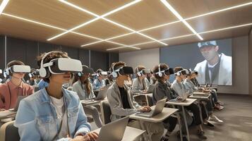 In a modern classroom students participate in an immersive learning experience using virtual reality headsets while interacting with digital content on laptops. photo