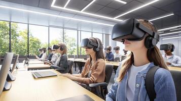 group of students are immersed in a virtual reality learning experience wearing headsets in a sleek modern classroom filled with natural light. photo
