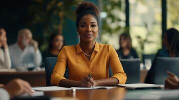 confident woman leads a diverse team discussion in a modern boardroom showcasing her commitment to promoting gender equality in corporate leadership during a crucial meeting. photo