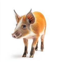 remarkable red river hog stands proudly, its long snout and distinct facial patterns highlighted in sharp detail against a crisp white backdrop, capturing its adventurous spirit. photo