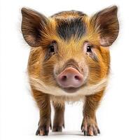 charming red river hog stands firm, highlighting its distinct facial markings and long snout. The animal's vibrant fur and curious expression draw attention against the plain white background. photo