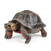 close-up view captures a red-footed tortoise as it walks across a clean surface, highlighting its distinctive shell patterns and striking red markings. photo