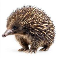 remarkable short-beaked echidna showcases its distinct spines and short legs while standing confidently. The creature's unique features shine in a pristine, bright setting. photo