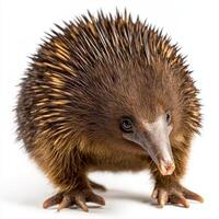 short-beaked echidna stands proudly, revealing its distinctive spines and short legs against a clean white backdrop photo