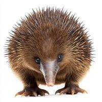 short-beaked echidna stands proudly on its short legs, showcasing its distinctive spines and curious expression, set against a clean, white background. photo
