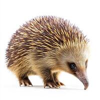 short-beaked echidna stands confidently, its spines radiating outward while its short legs support its curious stance, creating an endearing portrait. photo