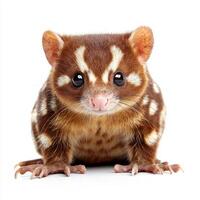 spotted quoll sits gracefully, showcasing its thick, patterned fur and sharp claws, entirely isolated on a bright white backdrop, exuding a playful yet curious demeanor. photo