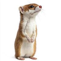 stoat stands upright, its slim body and short legs highlighted against a clean white background. Its inquisitive expression adds charm to the scene, capturing its wild essence. photo