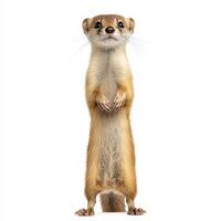 stoat stands upright, displaying its sleek form and attentive expression. Its short legs support its curious stance, adding a touch of charm. photo