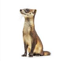 curious stoat stands upright, showcasing its slim body and short legs. Its curious demeanor and posture highlight its lively spirit against a clean, bright background. photo