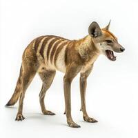 striking portrayal, a thylacine stands prominently with its mouth partially open, revealing its distinctive striped back. The crisp white background highlights its unique features and stance. photo