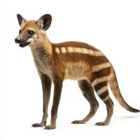 striking creature stands poised, its mouth slightly ajar, highlighting the iconic stripes that adorn its back. The thylacine's presence evokes both fascination and nostalgia. photo