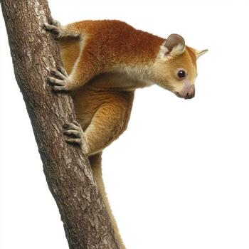 tree kangaroo expertly climbs a sturdy branch, displaying its thick, colorful fur and long tail against a clean white background. Its agile movement captivates the eye. photo