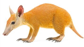 aardvark stands confidently, showcasing its long snout and sharp claws. Its vibrant fur contrasts beautifully with the stark white backdrop, highlighting its unique features. photo