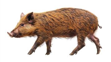 bush pig walks gracefully, showcasing its distinctive bristly fur and small tusks. This solitary moment highlights the beauty of this wild animal against a stark white background. photo