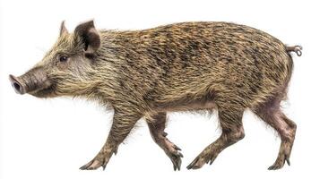 bush pig strides confidently, its coarse fur glistening under light, while its small tusks add character. The animal stands out distinctly against the clean white space surrounding it. photo