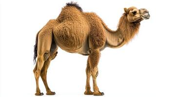 charming camel stands proudly on an isolated white backdrop, its head elegantly turned to one side, highlighting its distinctive humps and textured fur. photo