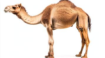 camel poses elegantly, its head turned to reveal the distinctive humps and gentle features. The contrast of the animal against the stark white background highlights its beauty and majesty. photo