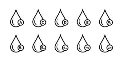 Set of Multi Vitamin complex icons. Vitamin capsules set. Vitamin A, B group B1, B2, B6, B12, C, D, D3, E, K, Mg, Ca, Omega. Vitamin complex icons. vector