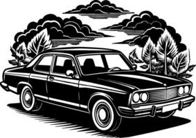 an old vintage car is parked in the forest with trees and clouds vector
