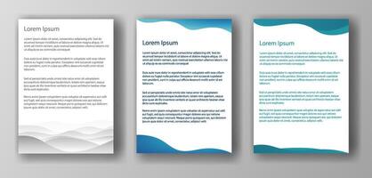 Three different document templates featuring wave designs at the top and bottom. Set against a gray background. Concept of mockup and template vector