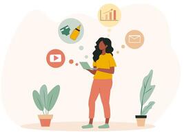Woman standing with a tablet, surrounded by icons representing business, motherhood, and online media. Minimalistic style with a light background. Concept of multitasking and work-life balance vector