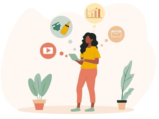 Woman standing with a tablet, surrounded by icons representing business, motherhood, and online media. Minimalistic style with a light background. Concept of multitasking and work-life balance