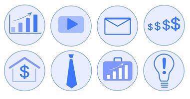 set of eight business-related icons in blue circles. The icons include charts, , email, dollar signs, house, tie, briefcase, and lightbulb, representing various business concept vector