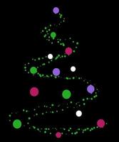 Abstract Christmas tree composed of spiraling green dots with colorful ornaments on a black background. Concept of minimalist holiday design. illustration vector