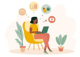 Illustration of a mom sitting in a chair working on a laptop with various thought bubbles depicting multitasking in business and family duties. Light background. Concept of work-life balance vector