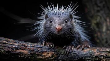 A close-up image of a badger on the edge of a log. photo