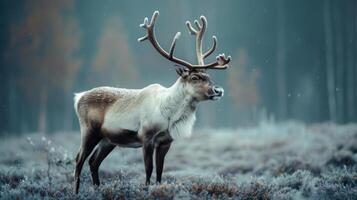Majestic reindeer in a winter forest, captured from an aerial perspective. photo