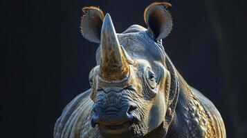 The rhino in is looking at the camera with a close-up view of its head and horns. photo