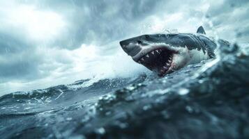 A large shark is captured in mid-attack on a person in the ocean. photo