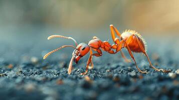 A close-up of two ants moving across a pavement surface, photo