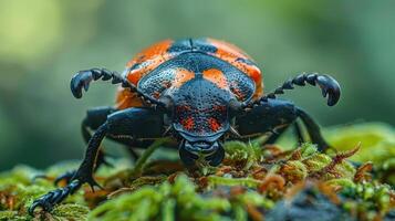 An up-close image of a vibrant red and black bug on a green surface, photo