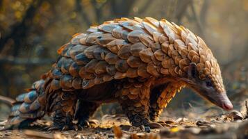 depicts a pangolin standing in the midst of fallen leaves. photo