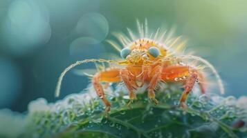 A close-up photo of a small, colorful ant on the tip of a green leaf, surrounded by a natural,