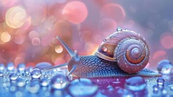 A glistening snail on a raindrop-speckled surface. photo