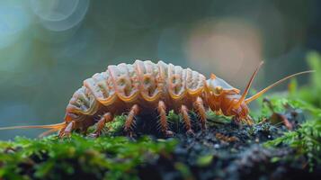 A close-up image of a colorful cockroach on moss with a soft bokeh background. photo
