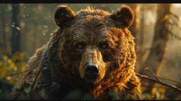 A close-up shot of a dominant and powerful brown bear with intense eyes looking towards the camera. photo