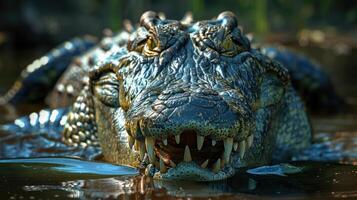 A close-up image of a crocodile's face showing its teeth and eyes, photo