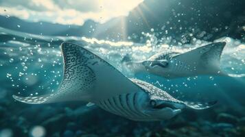 Underwater scene with a whale shark swimming alongside another smaller whale shark. photo