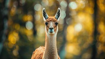 A smiling Peruvian alpaca in a field with autumn leaves. photo