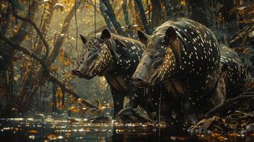 Two prehistoric crocodiles in the Amazon rainforest with a glimps of their scales. photo