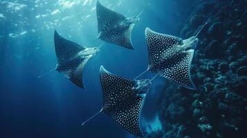 Scuba divers exploring underwater with stingrays and possibly manta rays. photo