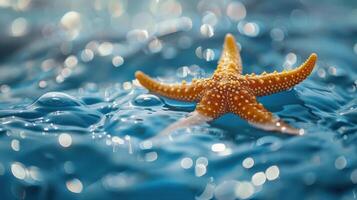 A strawberry with a sparkly texture overlay on top of the surface, and a hint of blue water below. photo