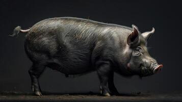 A pig walking on a floor, with a blurred background, creating a focus on the animal. photo